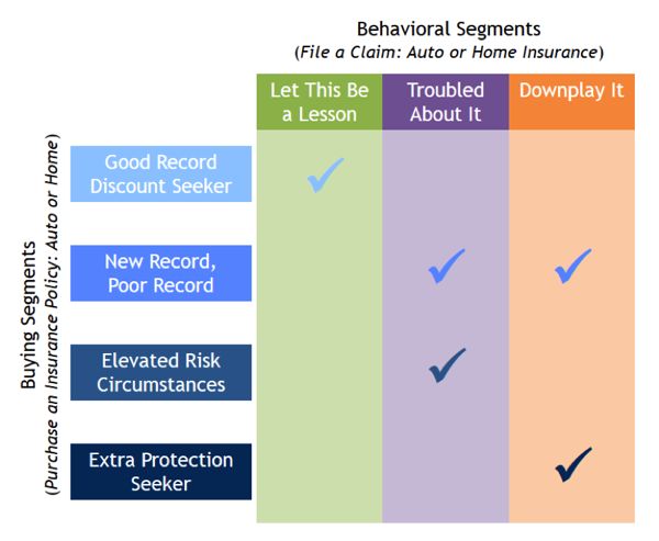 A chart showing that the following combinations of segments are important to this insurance business: Good Record Discount Seeker + Let This Be a Lesson; New Record, Poor Record + Troubled About It; New Record, Poor Record + Downplay It; Elevated Risk Circumstances + Troubled About It; and Extra Protection Seeker +  Downplay It.