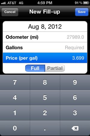 Screenshot of adding price per gallon on app.